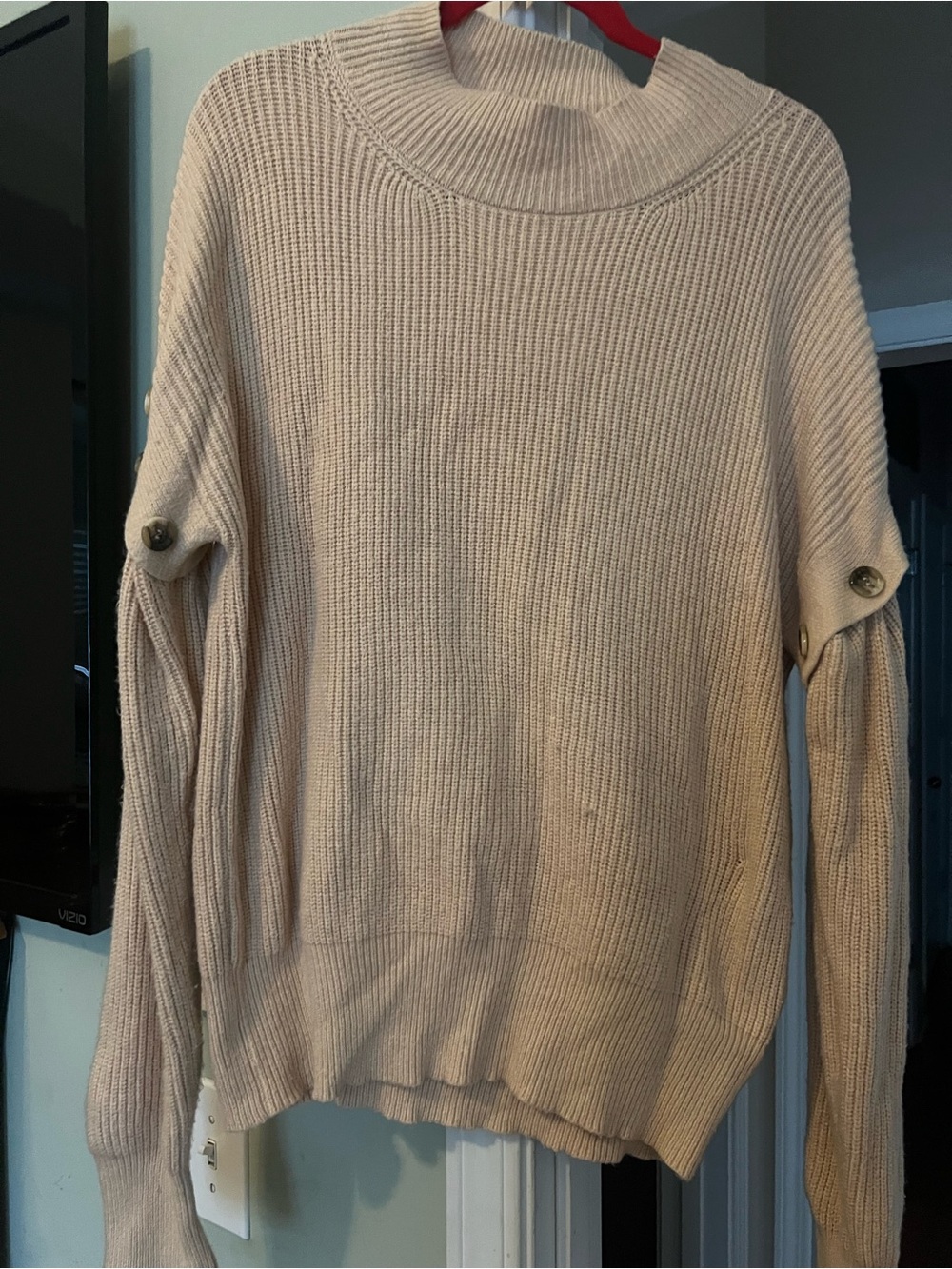 Women's Cream Button-Sleeve Rib Knit Sweater